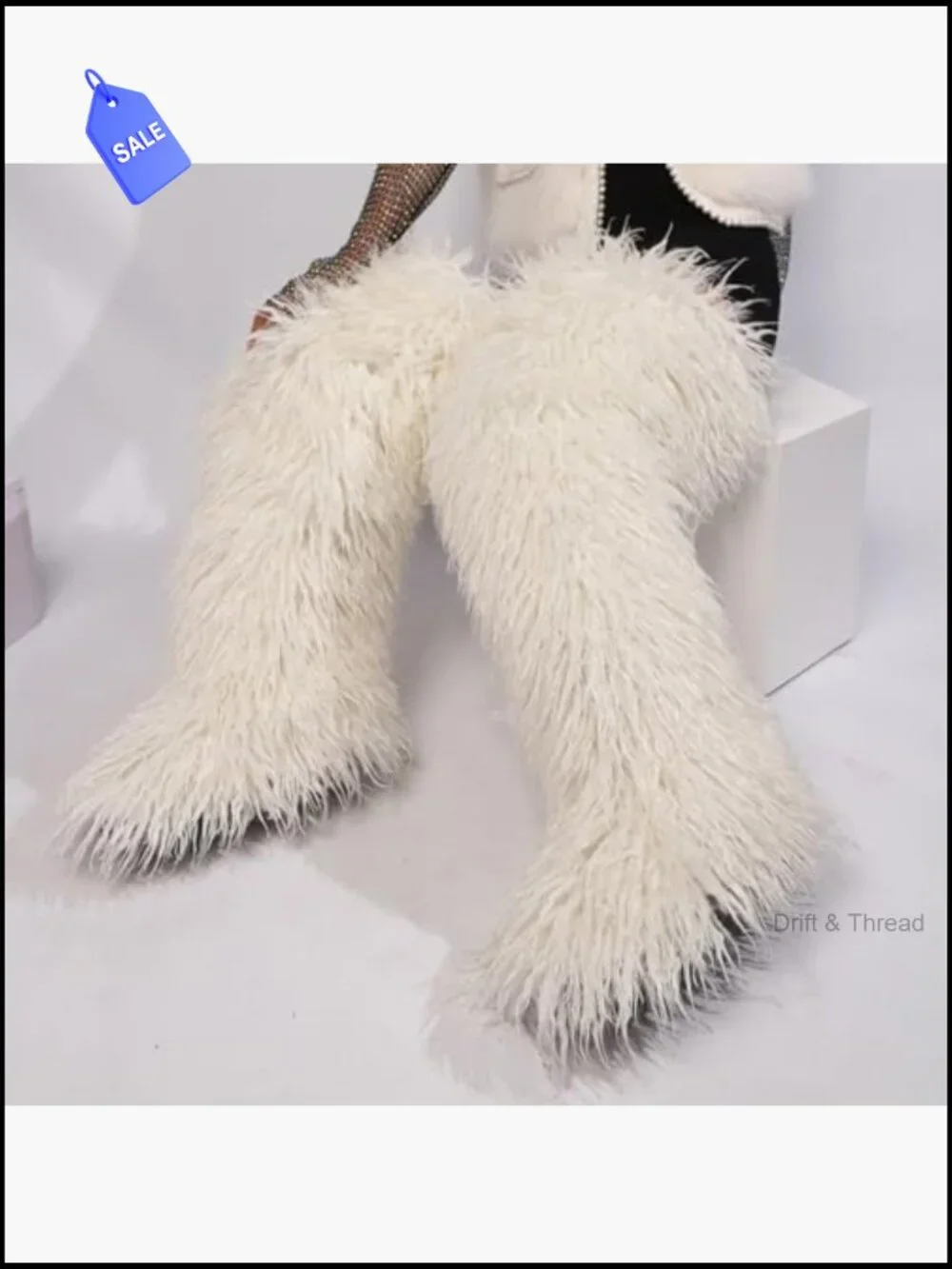 Thigh High Faux Fur Boots, Over the Knee Fluffy Flat Boots for Women